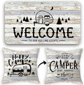 Welcome to Our Rolling Estate Soft Diatom Mud Absorbent Bath Rug 17”x30”,Welcome to Our Happy Camper Reversible Throw Pillow Cover 18”x18”,Set of 1 Pillow Cover 1 Doormat,Campsite RV Decor