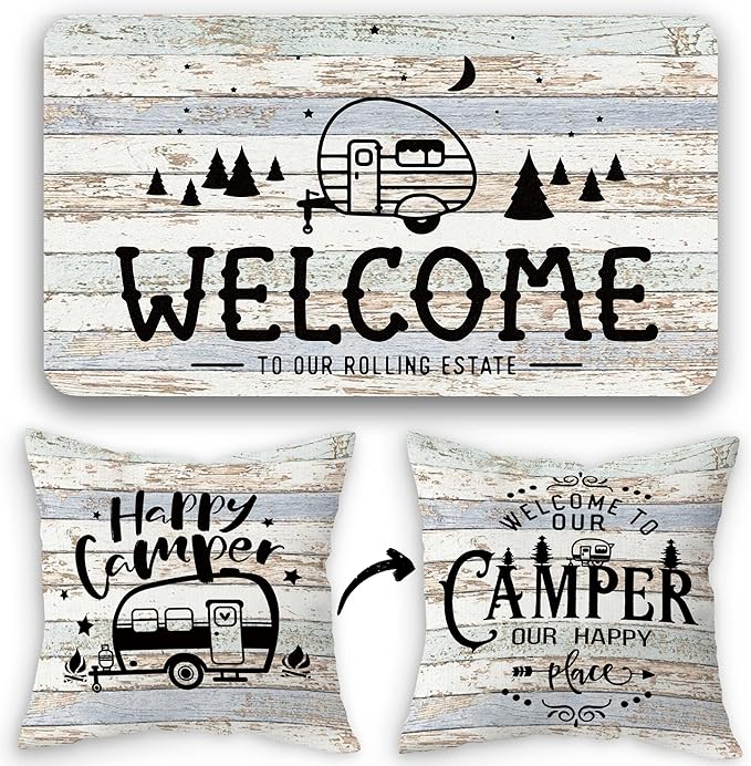 Welcome to Our Rolling Estate Soft Diatom Mud Absorbent Bath Rug 17”x30”,Welcome to Our Happy Camper Reversible Throw Pillow Cover 18”x18”,Set of 1 Pillow Cover 1 Doormat,Campsite RV Decor