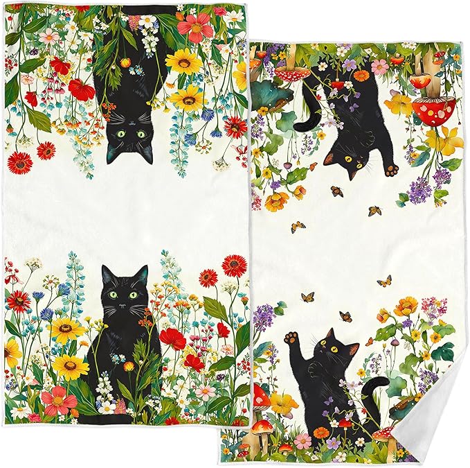 Accnicc 2 Pack Black Cat Bathroom Hand Towels Decorative Spring Floral Dish Kitchen Towel 16x27 Inch Butterfly Mushroom Botanical Wildflowers Absorbent Soft Microfiber Bath Towels Hotel Spa Decor
