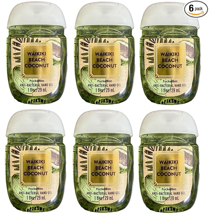Bath and Body Works Classic and Seasonal Scents Pocketbac Gel Sanitizers - Pack of 6-1 oz each (Waikiki Beach Coconut)
