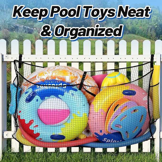 Large Pool Float Toy Storage Net - 59 x11.8x33.5in Durable Mesh Net Organizer for Fence with Straps, Poolside Fence Toys Holder for Inflatable Rafts Pool Noodles Balls Swimming Ring