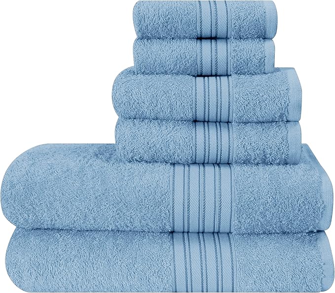 BOUTIQUO 6 Pack Cotton Towel Set, Contains 2 Bath Towels 28x55 inch, 2 Hand Towels 16x24 inch & 2 Wash Coths 12x12 inch, Ideal Everyday use, Ultra Soft Compact & Lightweight - Sky Blue