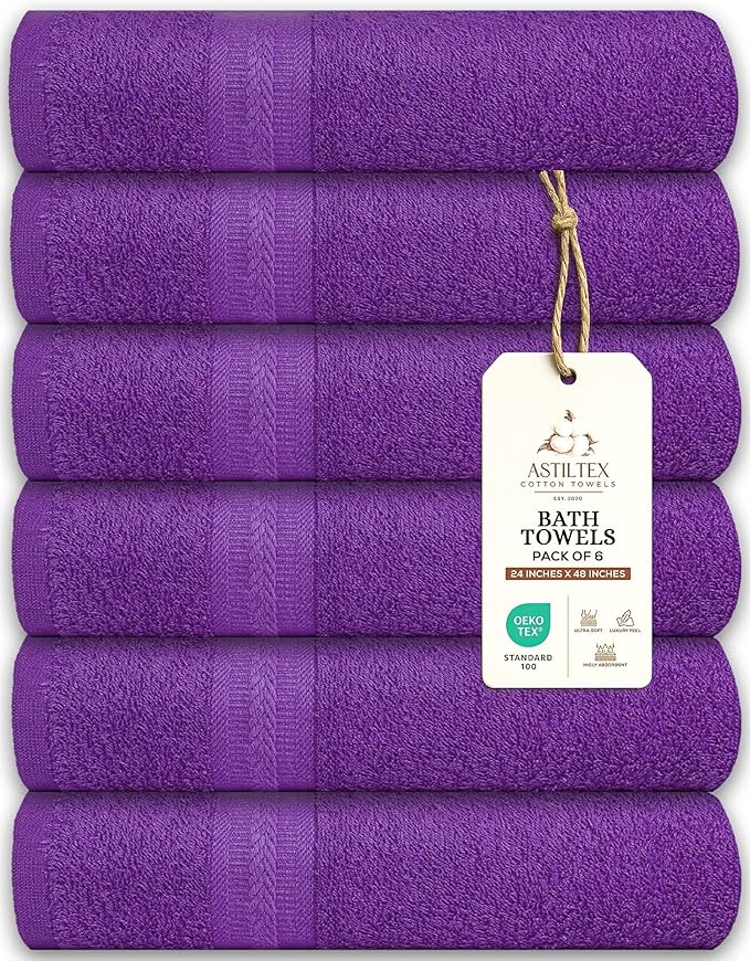 Medium Bath Towels Pack of 6 – 24x48 Inches – Soft, Quick Dry & Highly Absorbent – 100% Cotton Towels for Bathroom, Spa, Gym & Hotel – Purple