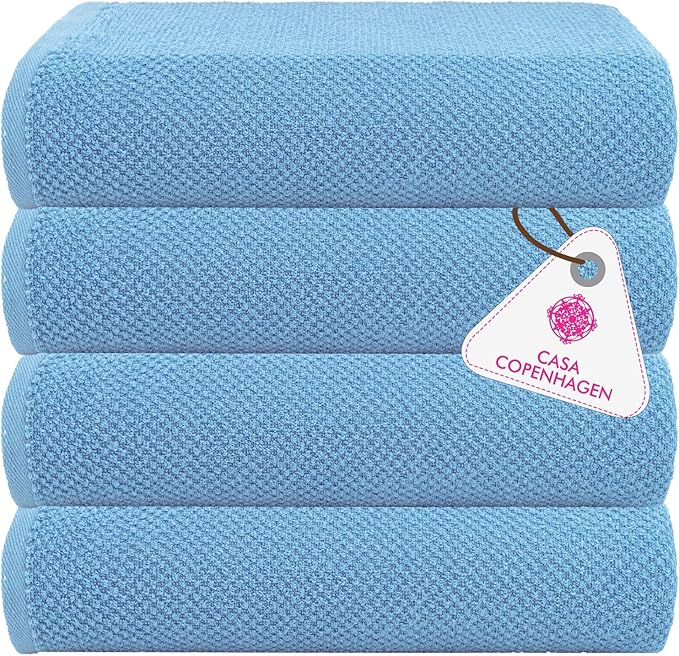CASA COPENHAGEN EcoPop 4Pcs 100% Cotton Large Designer Towels Gift Set- Dusty Blue, 55"x27", 4Bath Towels for Bathroom (Box Pack, Set for Women & Men)