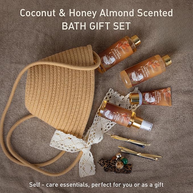 Spa Gift Set for Women, Happy Birthday Gifts for Mom Her Friend Sister Wife, Self Care Get Well Gifts with Coconut & Honey Almond Bath Set for Teengirls,Christmas Gift for Women