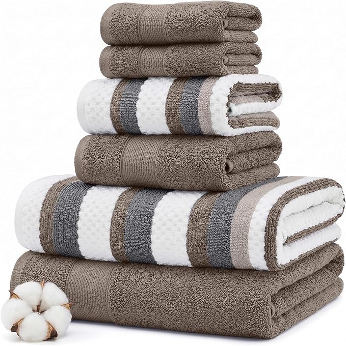 Modern Threads Pax 6-Piece Reversible Yarn Dyed Jacquard Towel Set - Bath Towels, Hand Towels, & Washcloths - Super Absorbent & Quick Dry - 100% Combed Cotton, Khaki