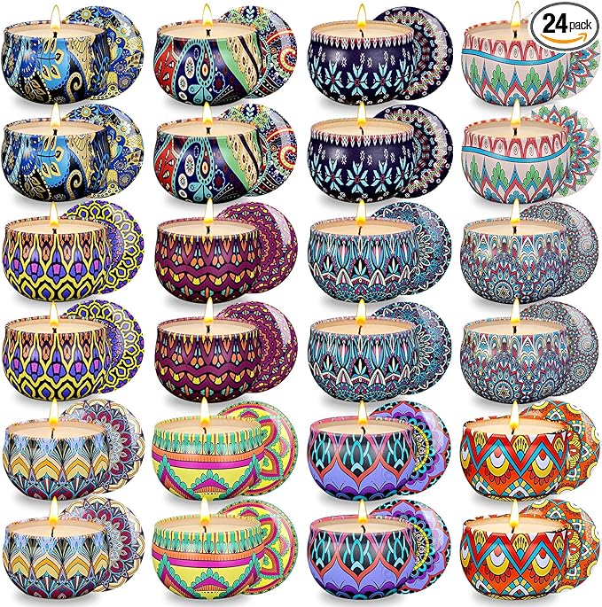 Set of 24 Small Scented Candles Soy Wax Aromatherapy Candles 2.5 OZ Portable Tin Candles with Lid, Relaxation Gifts Basket for Mother, Women, Friends and Coworkers