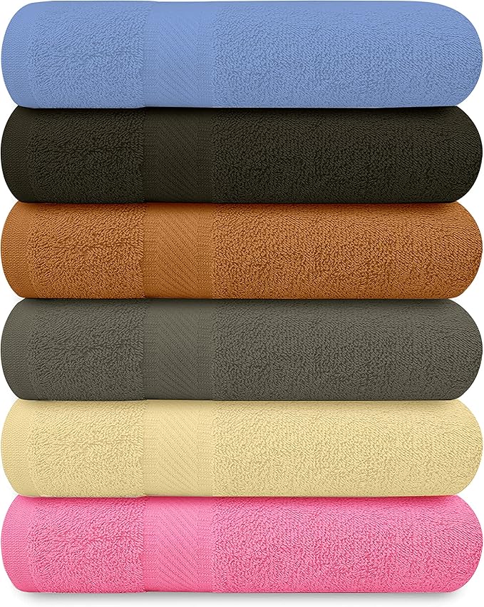 QUBA LINEN 100% Cotton Bath Towels-27x54inch - 6 Pack Shower Towels - Light Weight, Ultra Absorbent Towels for Bathroom (Multi Color)