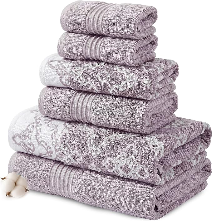 Modern Threads Charlize 6-Piece 100% Cotton Towel Set–Reversible Yarn Dyed Jacquard & Solid – Includes 2 Bath Towels, 2 Hand Towels, 2 Washcloths – Absorbent, Quick Dry, Soft & Durable – Orchid