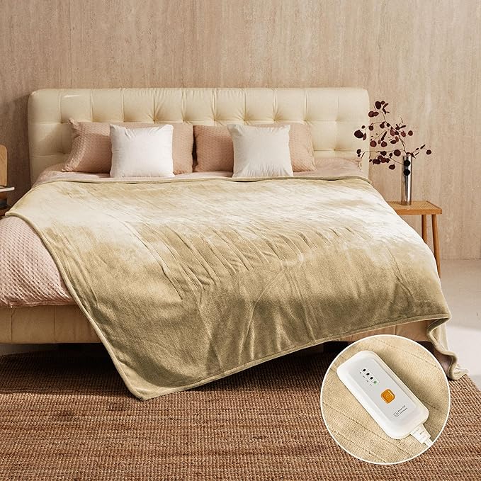 JET'S HOME Heated Blanket Full 72"x84" - ETL&FCC Certified Flannel Electric Blanket Machine Washable Heating Throw with 4 Heating Levels 10 Hours Auto-Off Overheating Protection (Camel)