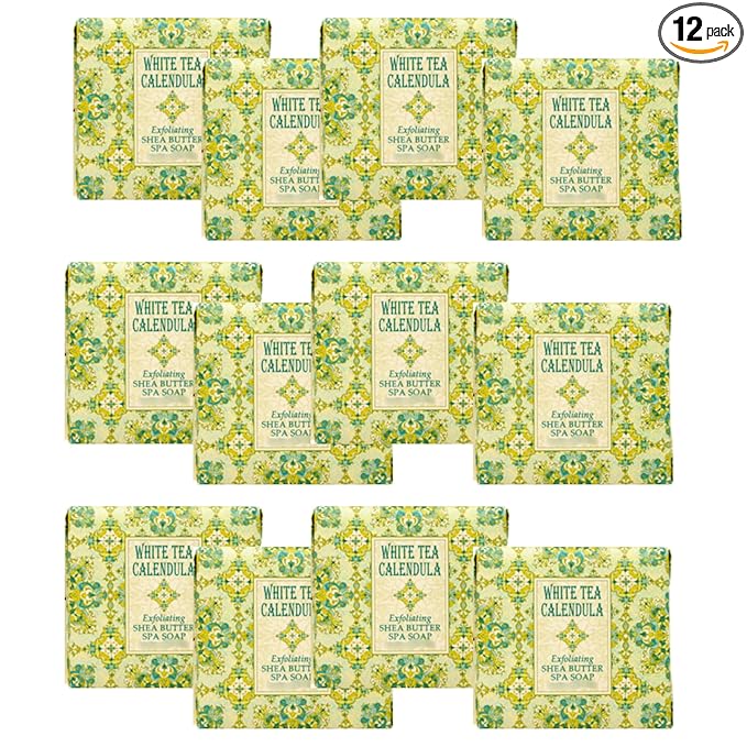Greenwich Bay Mini Botanical Soap Bars – 12 Pack 1.9 oz Each – Individually Wrapped Guest Soaps for Airbnb, Spa, Travel, Bath – Travel Size Bar Soap Set, White Tea Calendula