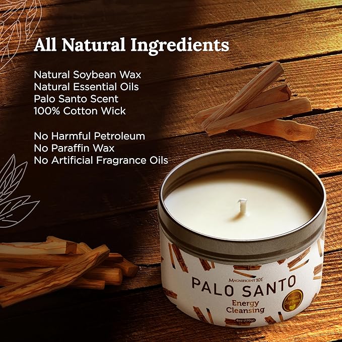 Magnificent 101 Long Lasting Palo Santo Smudge Candle | 6 Oz - 35-Hour Burn | Essential Oils, 100% Natural Ingredients | Smoke Free, Petroleum Free Candle to Cleanse Your Home