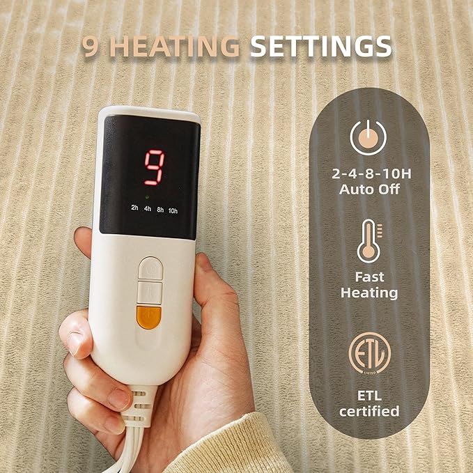 JET'S HOME Heated Blanket 50"x60" - ETL Certified Flannel Electric Blanket Throw Machine Washable Heating Throw with 9 Heating Levels 10 Hours Adjustable Auto-Off (Sandy Beige)