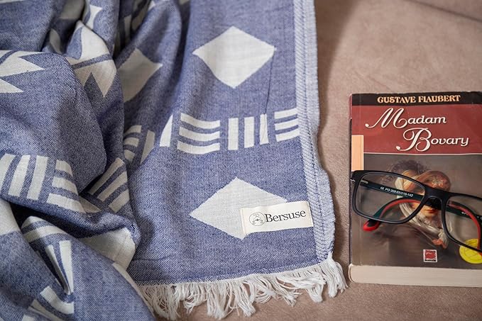 Bersuse 100% Cotton Belize XL Throw Blanket Turkish Towel Beach Blanket - Beach Camping Essentials - 75x90 Inches, Dark Blue