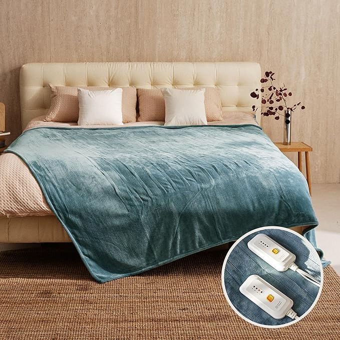 JET'S HOME Heated Blanket King 100"x90" - ETL&FCC Certified Flannel Electric Blanket Machine Washable Heating Throw with 4 Heating Levels 10 Hours Auto-Off Overheating Protection (Blue)