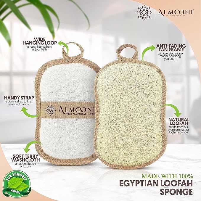 Almooni Premium Exfoliating Loofah Pad Body Scrubber, Made with Natural Egyptian Shower loofa Sponge- Bow Tie Shaped Loofah - 2 Count(1 Pack)
