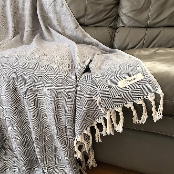 Bersuse 100% Cotton Milas XL Throw Blanket for Couch - 100% Cotton Lightweight Durable Throw Blanket, Big Blanket for Sensitive Skin, Decorative and Versatile - 60x90 Inches, Grey