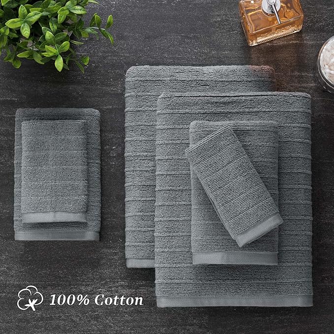 Welhome James 100% Cotton Textured Stripe Towels - 24 Pack Washcloths, Soft & Absorbent, Gray