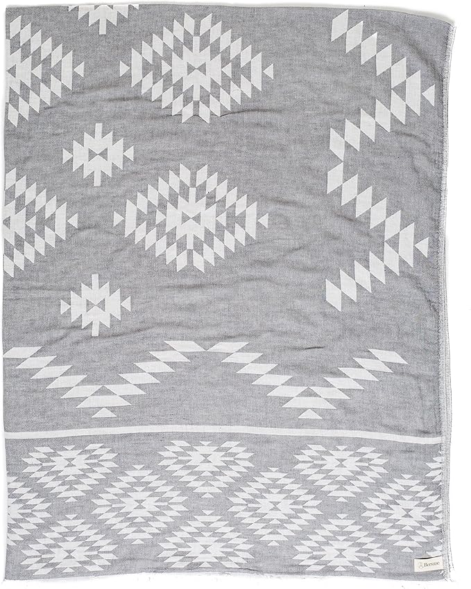 Bersuse 100% Cotton Teotihuacan XL Throw Blanket Turkish Towel Beach Blanket - Beach Camping Essentials - 75x90 Inches, Silver Grey