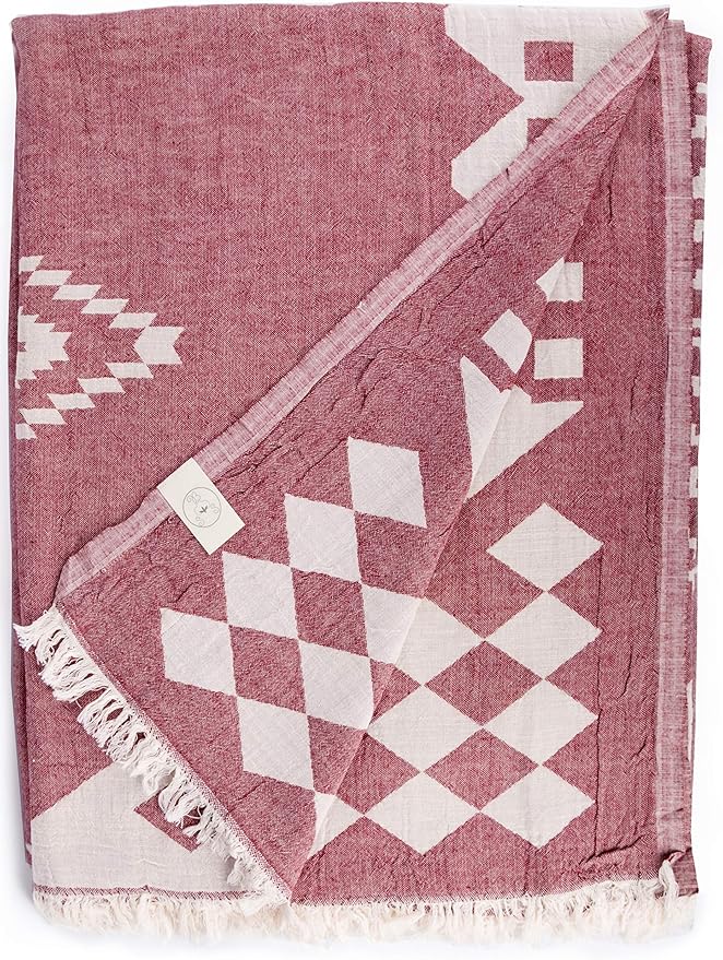 Bersuse 100% Cotton Bahamas XL Throw Blanket Turkish Towel Beach Blanket - Beach Camping Essentials - 75x90 Inches, Burgundy