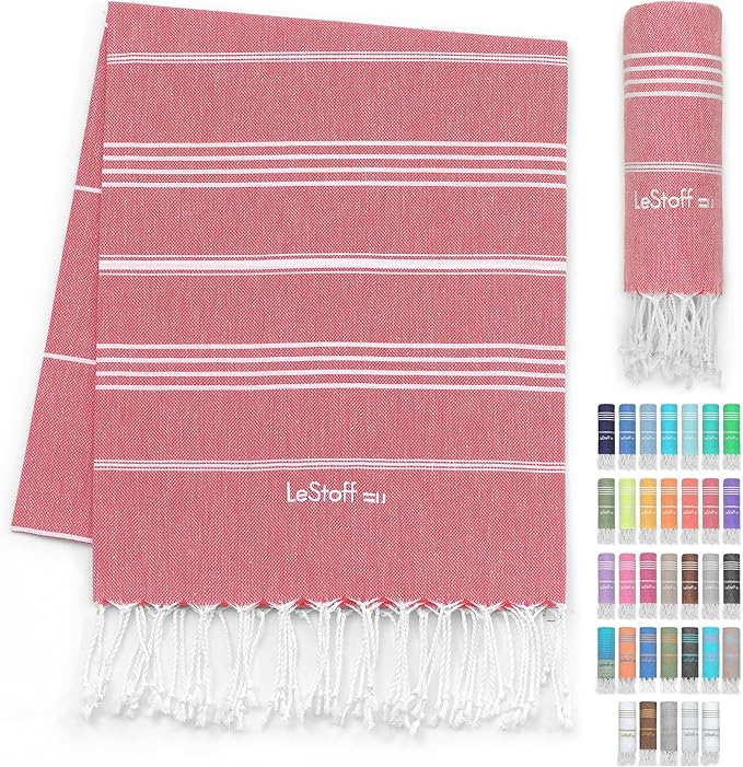 LeStoff Turkish Beach Towel 100% Organic Cotton Prewashed 38"x71" Soft Highly Absorbent Quick Drying Beach Pool Bath Yoga Gym Sauna Travel SPA Eco-Friendly Blanket Fouta Peshtemal - (Red)