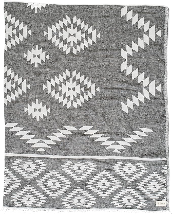 Bersuse 100% Cotton Teotihuacan XL Throw Blanket Turkish Towel Beach Blanket - Beach Camping Essentials - 75x90 Inches, Black