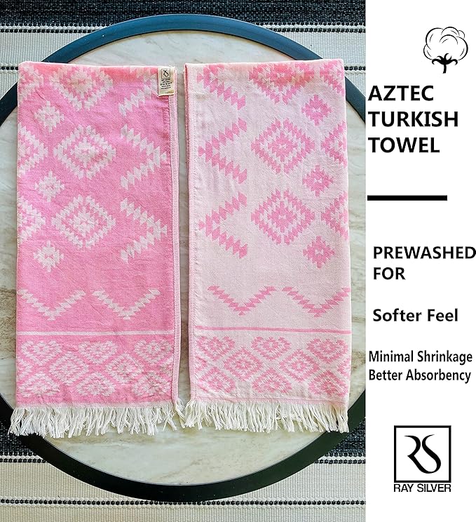 RAY SILVER Aztec Turkish Hand Towels Set of 2 100% Cotton Peshtemal Soft Feel 18 x 36 Light Weight Travel Camping Bath Sauna Beach Gym Pool Blanket Quick Dry Oversized Towel (Pink, Hand Towel)