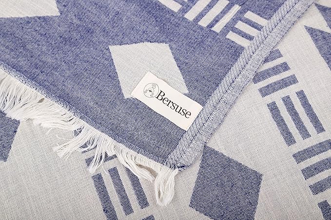 Bersuse 100% Cotton Belize XL Throw Blanket Turkish Towel Beach Blanket - Beach Camping Essentials - 75x90 Inches, Dark Blue
