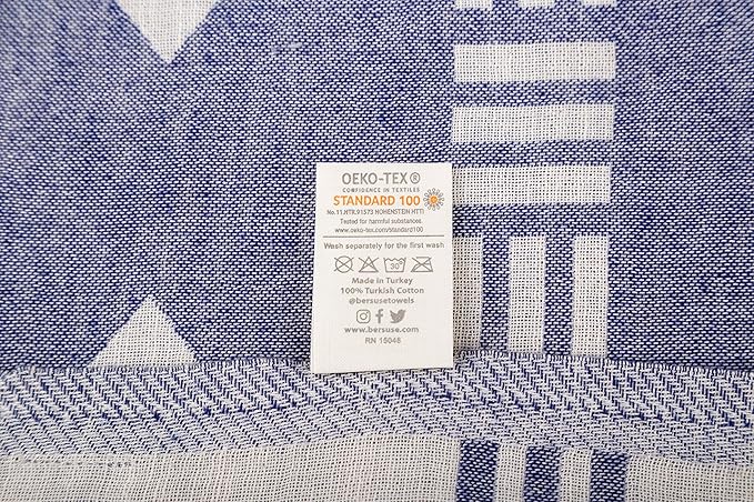 Bersuse 100% Cotton Belize XL Throw Blanket Turkish Towel Beach Blanket - Beach Camping Essentials - 75x90 Inches, Dark Blue