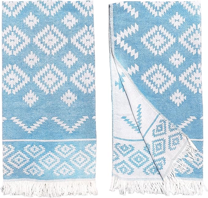 RAY SILVER Aztec Turkish Hand Towels Set of 2 100% Cotton Peshtemal Soft Feel 18 x 36 Light Weight Travel Camping Bath Sauna Beach Gym Pool Blanket Quick Dry Oversized Towel (Blue, Hand Towel)