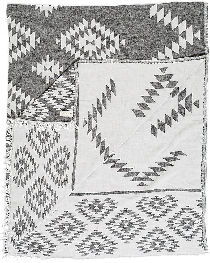 Bersuse 100% Cotton Teotihuacan XL Throw Blanket Turkish Towel Beach Blanket - Beach Camping Essentials - 75x90 Inches, Black