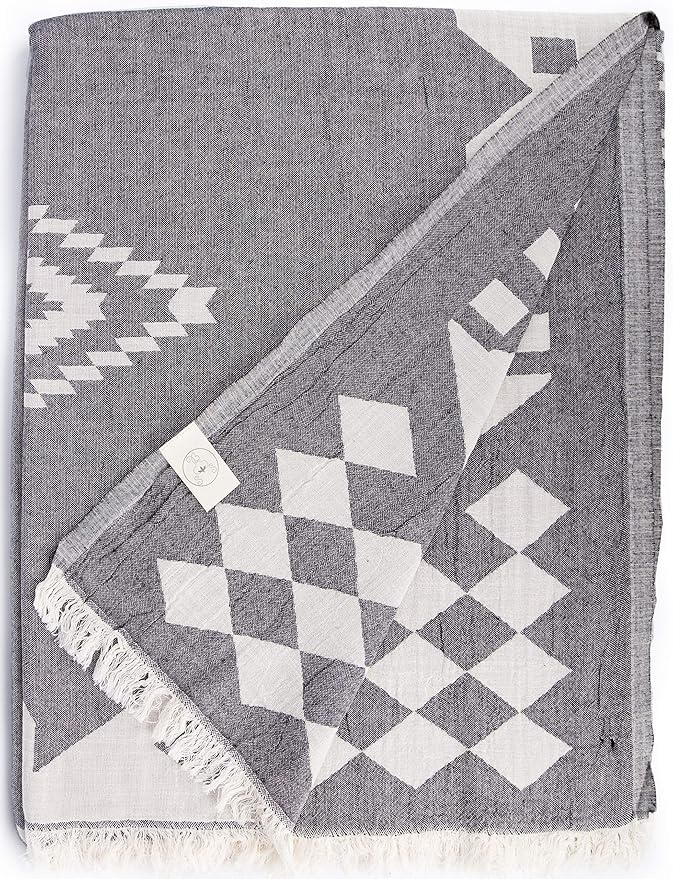 Bersuse 100% Cotton Bahamas XL Throw Blanket Turkish Towel Beach Blanket - Beach Camping Essentials - 75x90 Inches, Black