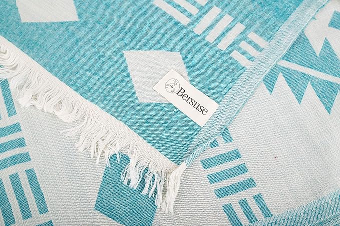 Bersuse 100% Cotton Belize XL Throw Blanket Turkish Towel Beach Blanket - Beach Camping Essentials - 75x90 Inches, Aqua