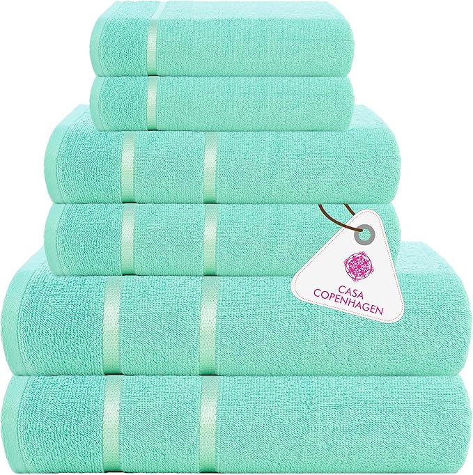 CASA COPENHAGEN Eternal 6Pcs 100% Egyptian Cotton Large Designer Towels Gift Set- Aqua Blue, 500 GSM, 2Bath 2Hand 2Washcloths, Bath Towels for Bathroom Set for Women & Men