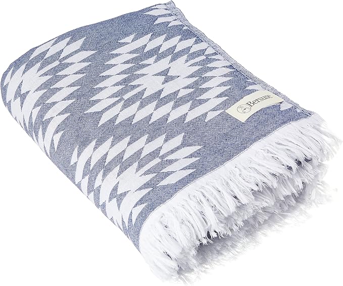Bersuse 100% Cotton Teotihuacan XL Throw Blanket Turkish Towel Beach Blanket - Beach Camping Essentials - 75x90 Inches, Dark Blue