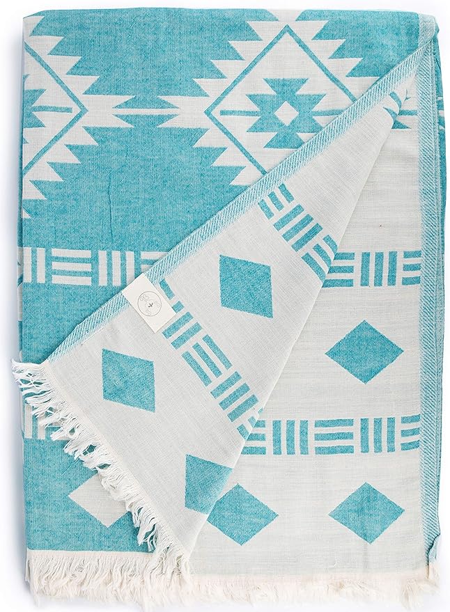 Bersuse 100% Cotton Belize XL Throw Blanket Turkish Towel Beach Blanket - Beach Camping Essentials - 75x90 Inches, Aqua
