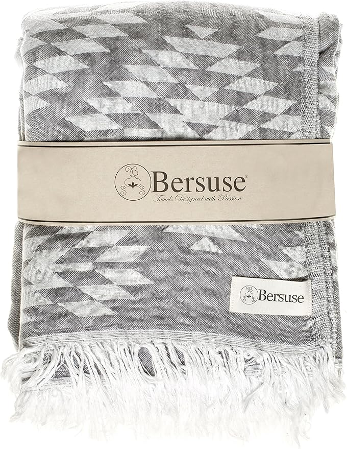 Bersuse 100% Cotton Teotihuacan XL Throw Blanket Turkish Towel Beach Blanket - Beach Camping Essentials - 75x90 Inches, Silver Grey