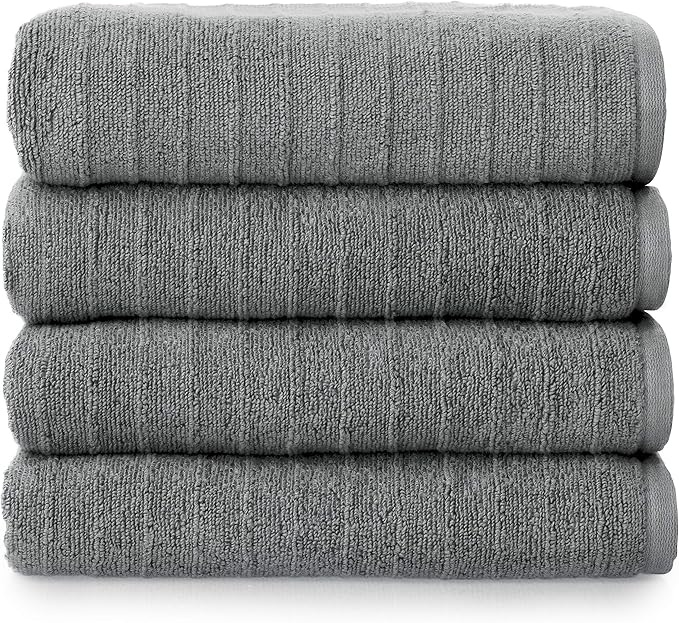 Welhome James 100% Cotton Textured Stripe Towels - 4 Pack Bath Towels, Soft & Absorbent, Gray
