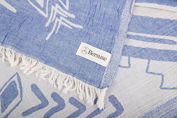 Bersuse 100% Cotton Kona XL Throw Blanket Turkish Towel Beach Blanket - Beach Camping Essentials - 75x90 Inches, Grey Blue