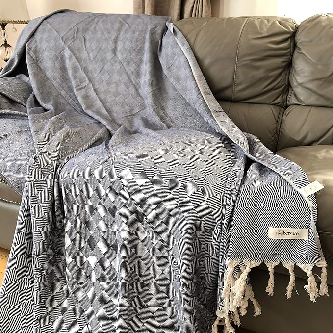 Bersuse 100% Cotton Milas XL Throw Blanket for Couch - 100% Cotton Lightweight Durable Throw Blanket, Big Blanket for Sensitive Skin, Decorative and Versatile - 60x90 Inches, Dark Blue