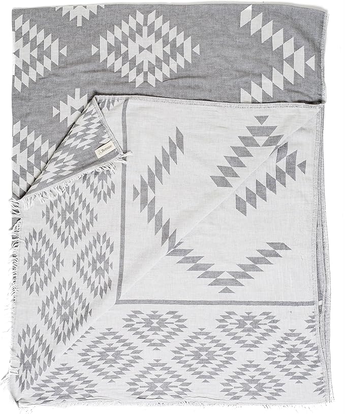 Bersuse 100% Cotton Teotihuacan XL Throw Blanket Turkish Towel Beach Blanket - Beach Camping Essentials - 75x90 Inches, Silver Grey