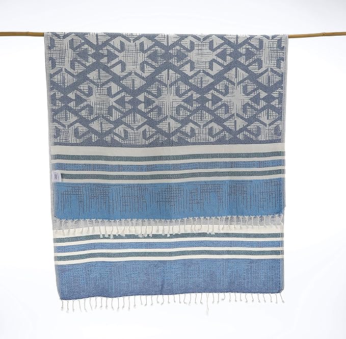 Turkish Bath Towel 100% Cotton, Hamman, Eco-Friendly Quick Dry Travel Sauna Spa Beach Pool (35 x 70 inches) Soft Absorbent, Picnic, Peshtemal Towels (Blue Arrow)