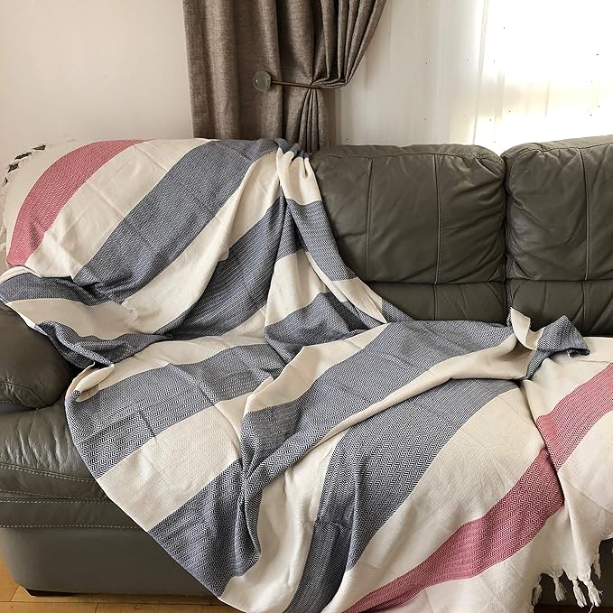 Bersuse 100% Cotton Aspendos XL Throw Blanket for Couch - 100% Cotton Lightweight Durable Throw Blanket, Big Blanket for Sensitive Skin, Decorative and Versatile - 60x90 Inches, Dark Blue-Red