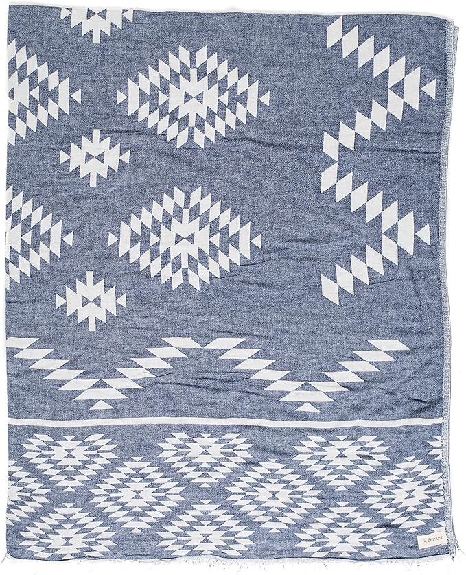 Bersuse 100% Cotton Teotihuacan XL Throw Blanket Turkish Towel Beach Blanket - Beach Camping Essentials - 75x90 Inches, Dark Blue