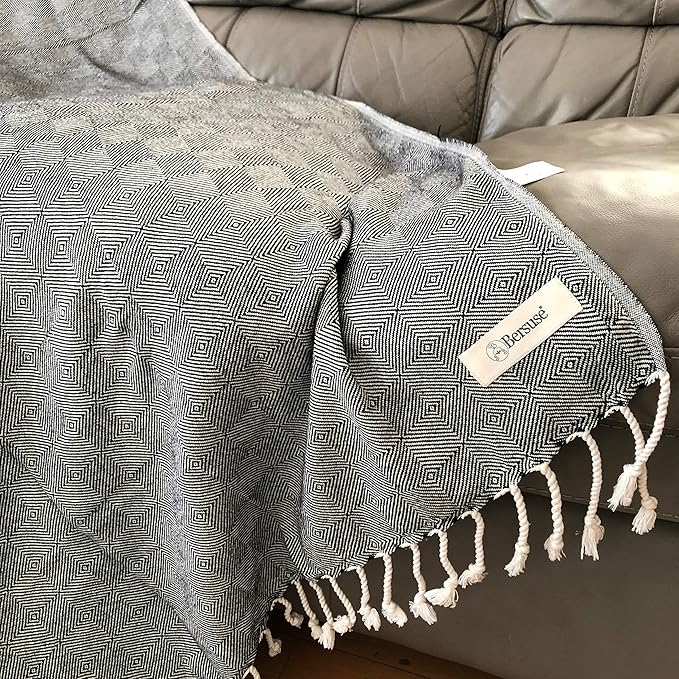 Bersuse 100% Cotton Milas XL Throw Blanket for Couch - 100% Cotton Lightweight Durable Throw Blanket, Big Blanket for Sensitive Skin, Decorative and Versatile - 60x90 Inches, Black