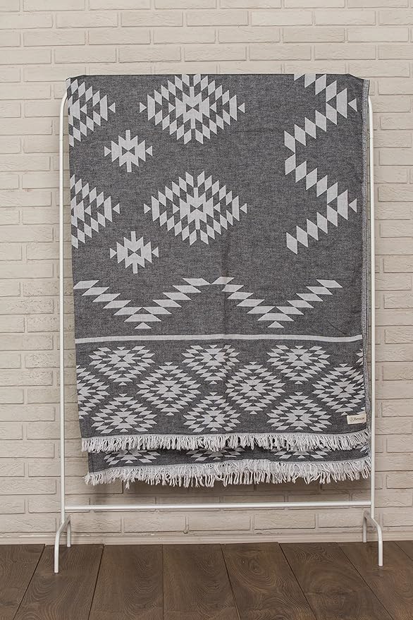 Bersuse 100% Cotton Teotihuacan XL Throw Blanket Turkish Towel Beach Blanket - Beach Camping Essentials - 75x90 Inches, Black