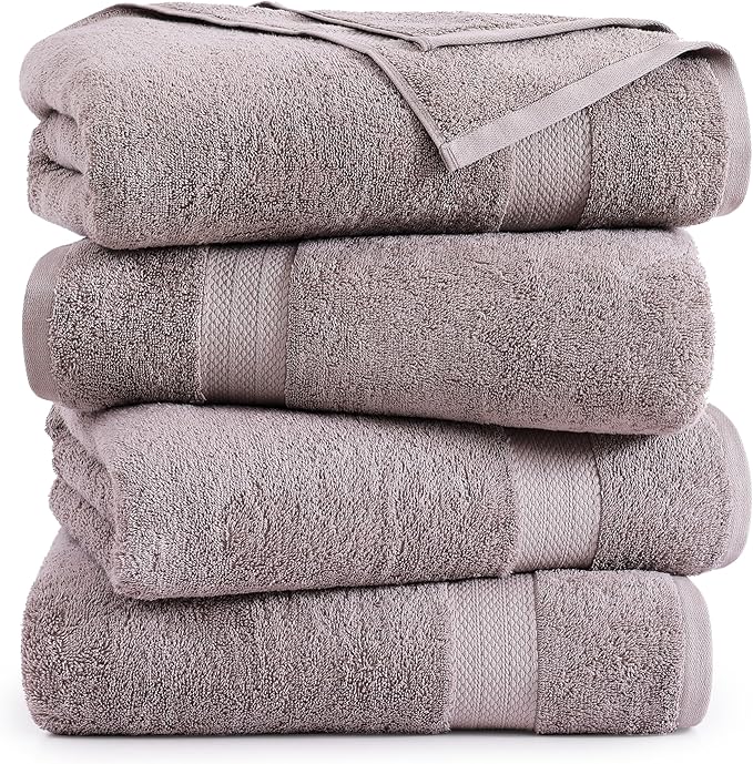 LANE LINEN Bath Towel Set of 4 PC (28"x54") - 100% RingSpun Cotton Bathroom Towel Set - Reinforced Edges, Quick Dry, Very Soft & Absorbent Large Bath Towel - Mininmal Linting after 3 Washes - Platinum
