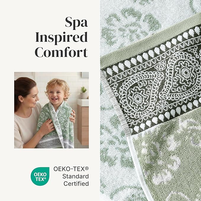 Modern Threads Floral Trail 6-Piece 100% Cotton Towel Set – Reversible Yarn Dyed Jacquard – Includes 2 Bath Towels, 2 Hand Towels, 2 Washcloths – Absorbent, Quick Dry, Soft & Durable – Sage Green