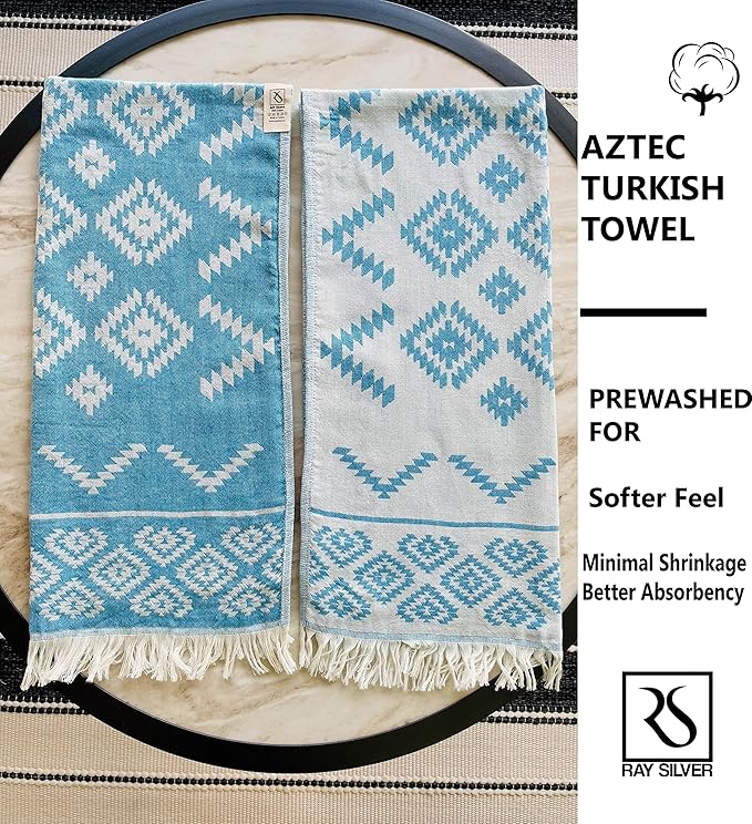 RAY SILVER Aztec Turkish Hand Towels Set of 2 100% Cotton Peshtemal Soft Feel 18 x 36 Light Weight Travel Camping Bath Sauna Beach Gym Pool Blanket Quick Dry Oversized Towel (Blue, Hand Towel)