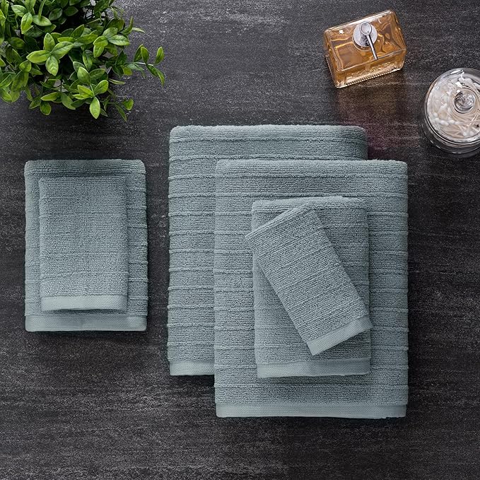 Welhome James 100% Cotton Textured Stripe Towel Set - 6 Piece Set of 2 Bath Towels, 2 Hand Towels, 2 Washcloths, Soft & Absorbent, Dusty Blue
